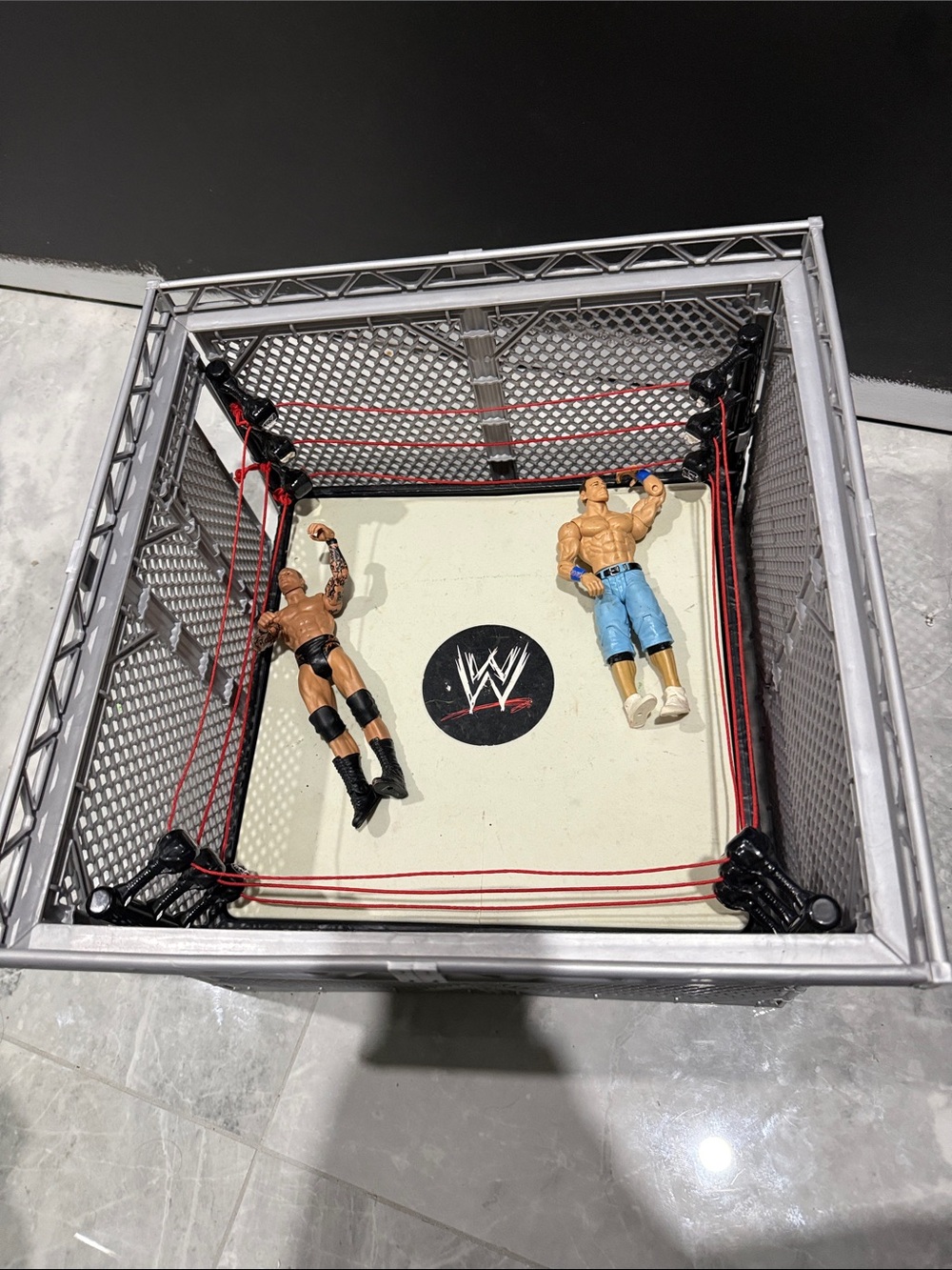 WWE Silver Cage Ring Playset with Red Ropes and 2 wrestlers